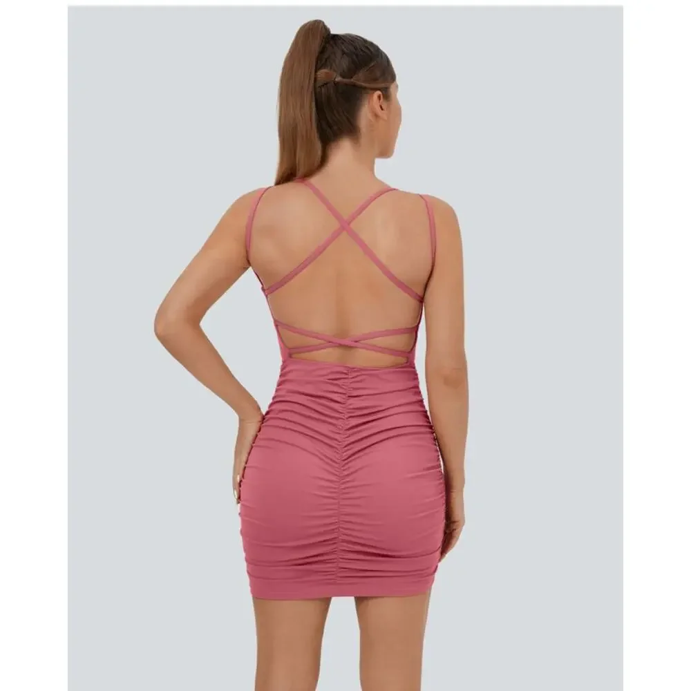 NWT Halara Women's pink Sleeveless Ruched Bodycon Mini‎ Casual Dress Size XS